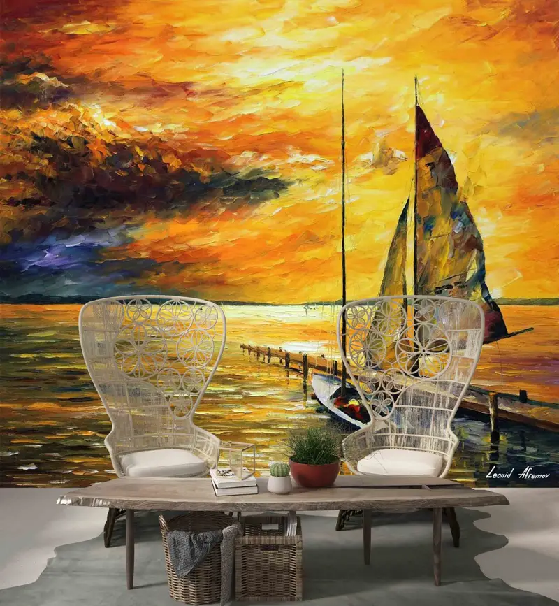 Orange Wandgemälde, Boot Wandmalerei, 3D -Wandkunst, Papierjubiläum, Meereslandschaftsmalerei Wandkleher, Landschaftswanddruck, Tapetenpatent, - 4
