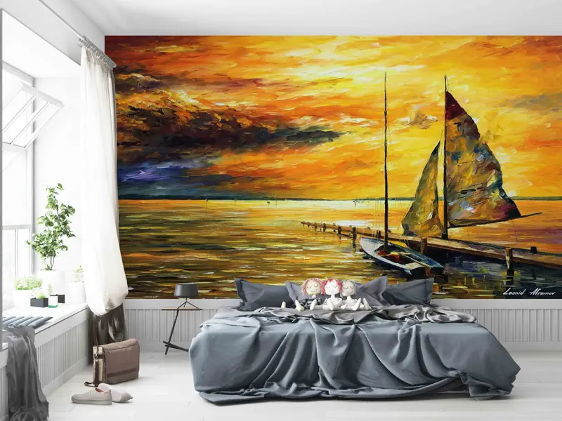 Orange Wandgemälde, Boot Wandmalerei, 3D -Wandkunst, Papierjubiläum, Meereslandschaftsmalerei Wandkleher, Landschaftswanddruck, Tapetenpatent, - 2