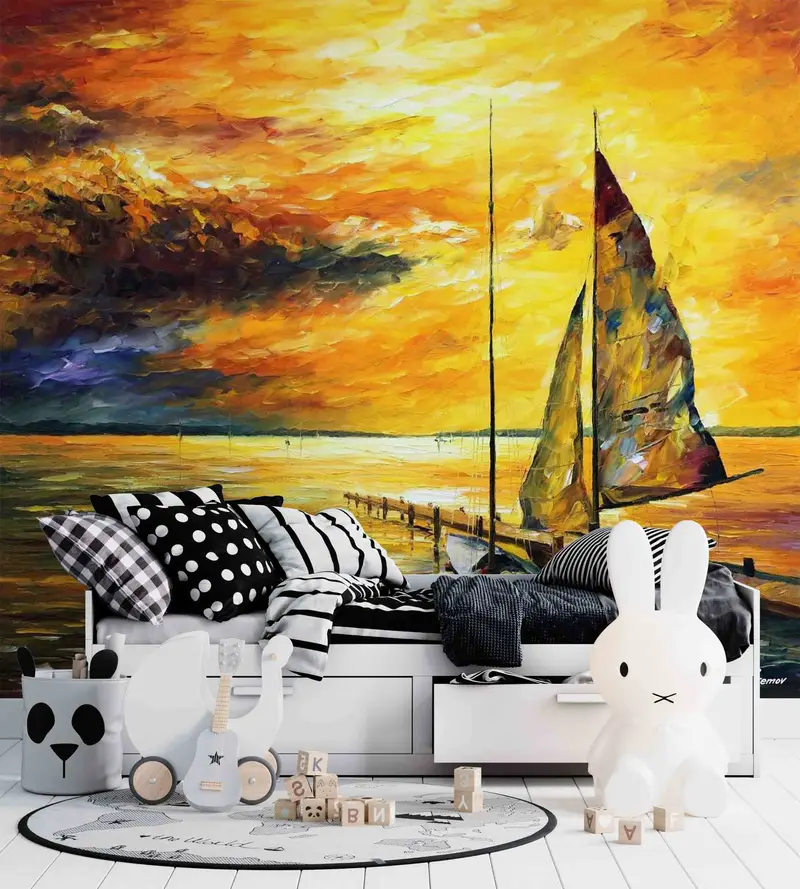 Orange Wandgemälde, Boot Wandmalerei, 3D -Wandkunst, Papierjubiläum, Meereslandschaftsmalerei Wandkleher, Landschaftswanddruck, Tapetenpatent, - 6