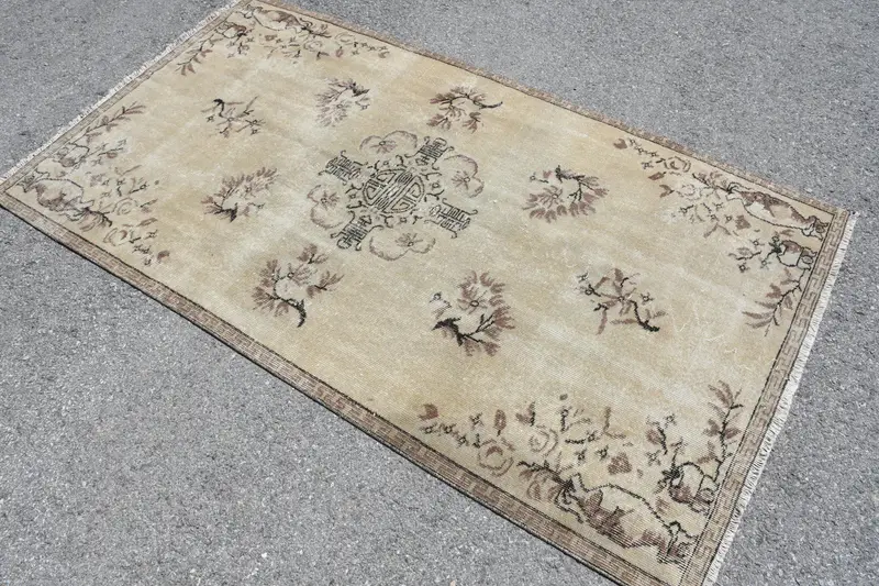 3,9x7,1 ft Teppich, türkischer Vintage-Teppich, brauner Oushak-Wollteppich - 1