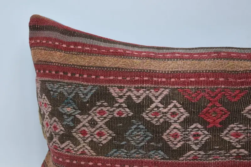 Ethnical Kilim Rug Pillow, 16x48 Red Cushion Case, Handmade Kilim Cushion, Cotton Pillow Sham, Vintage Kilim Throw Pillow, Cushion - 2