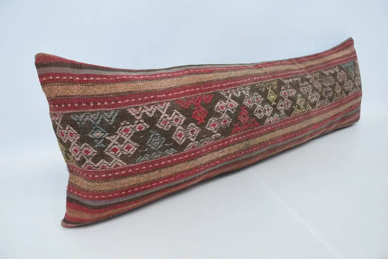 Ethnical Kilim Rug Pillow, 16x48 Red Cushion Case, Handmade Kilim Cushion, Cotton Pillow Sham, Vintage Kilim Throw Pillow, Cushion - 3