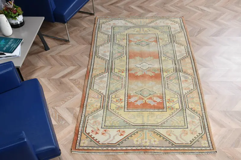 3.8x6.7 ft Türk Alan Halısı, Sarı Turuncu Vintage Çiçekli Yün Halı - 1