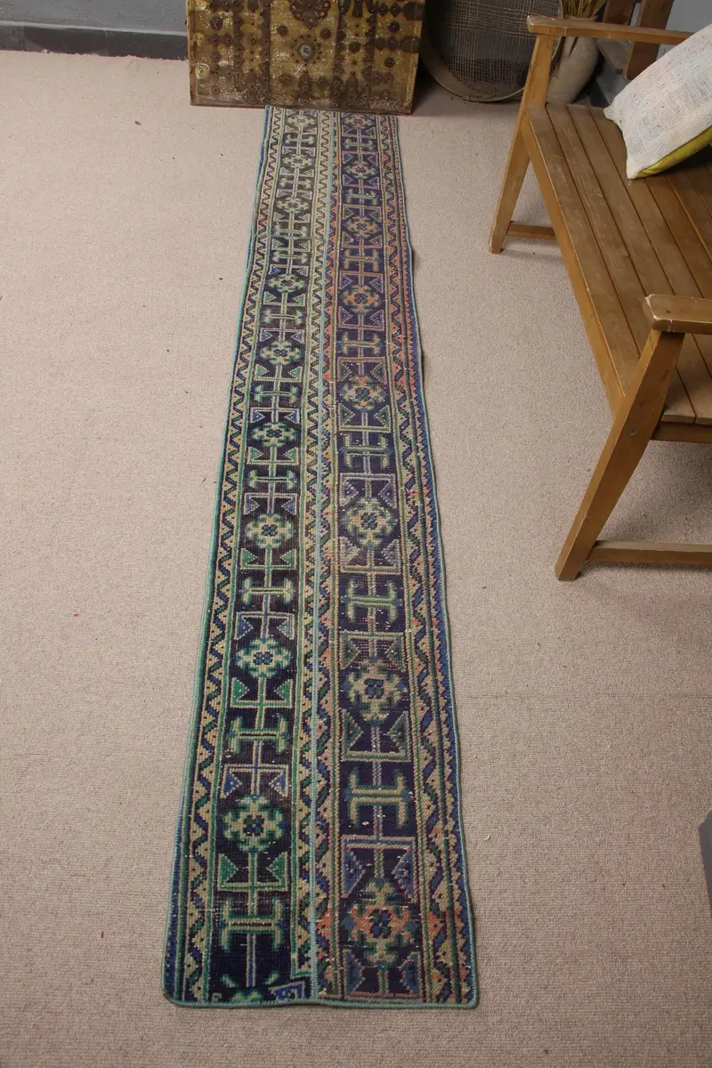 Vintage Runner Halı 1.5x9.4 ft, Mavi Yeşil Çizgili Yün Halı - 1