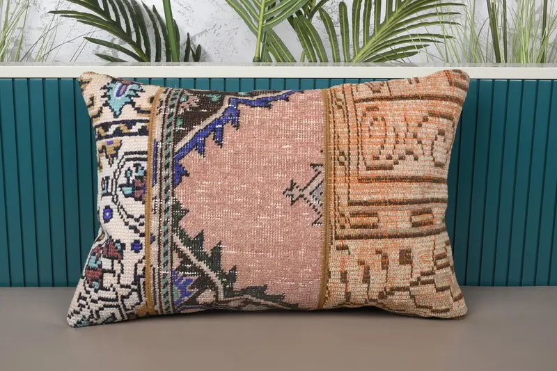 Orange & grünes Patchwork-Wurfkissen, 16x24 besticktes Kissen