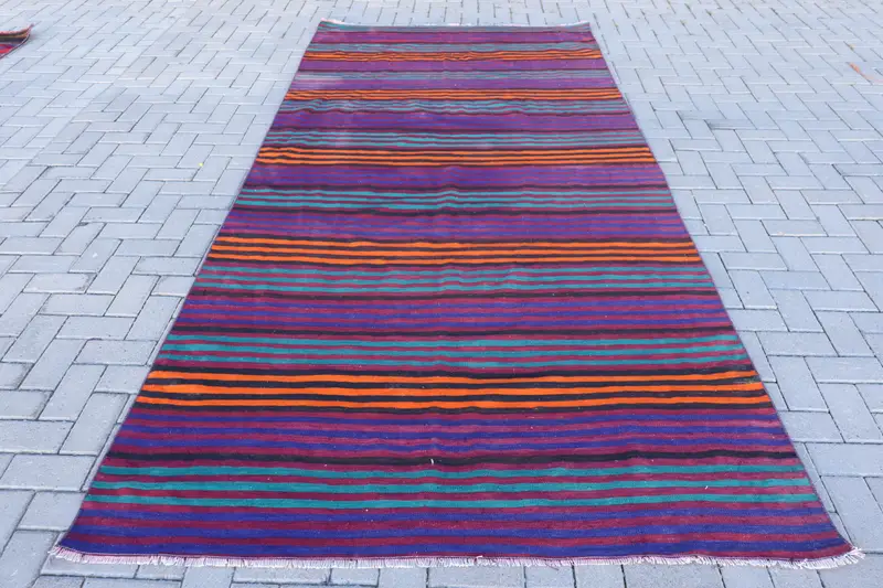 Vintage Turkish Large Rug 5.3x11.1 ft (162x339 cm), Blue Check Kilim Rug - 1