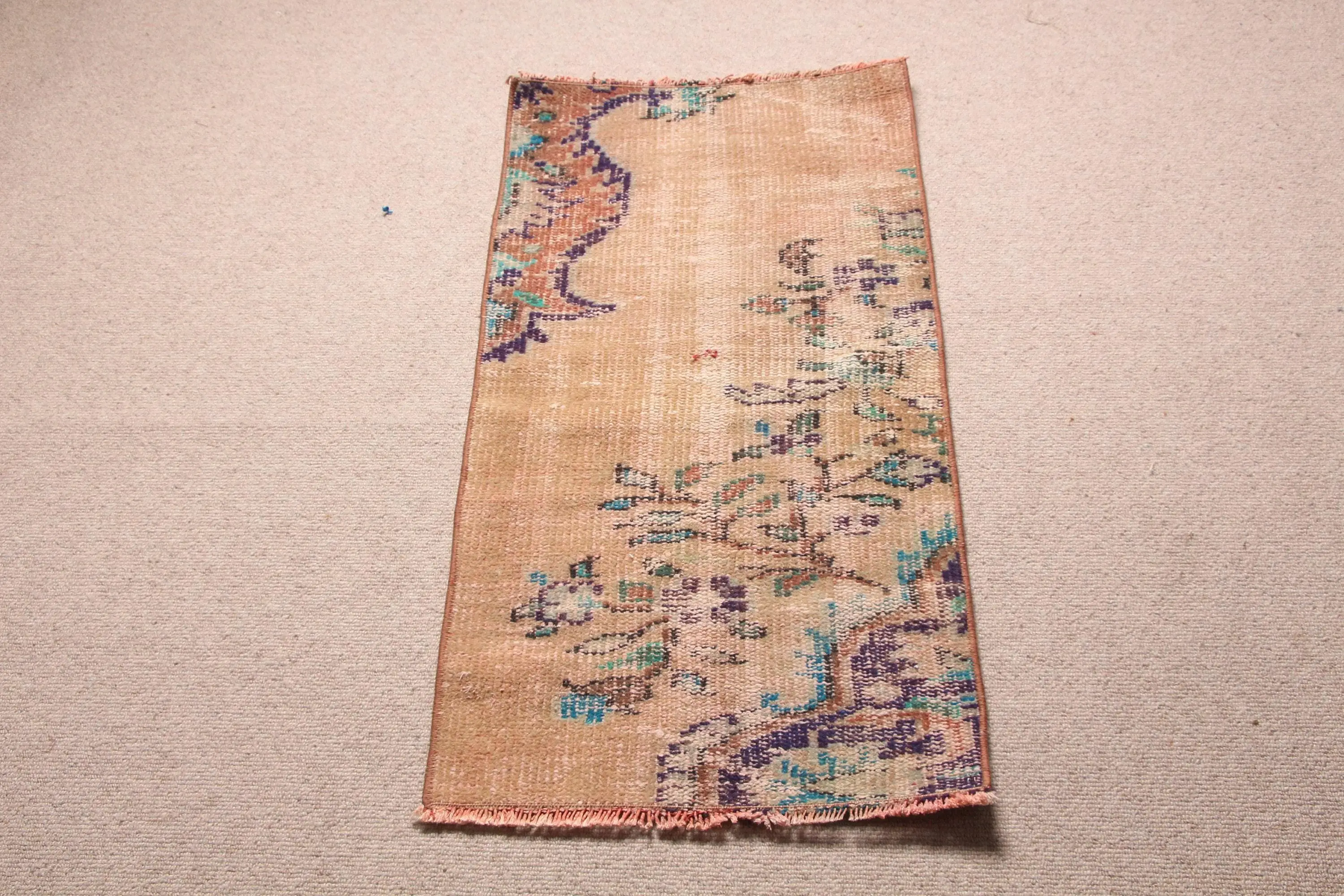 Vintage Turkish Rug 1.6x3.2 ft (50x97 cm), Brown Blue Oriental Rug - 1