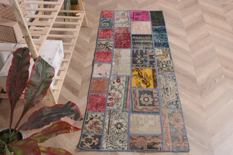 Vintage Turkish Rug, 1.8x4.9 ft Rug, Red Blue Bordered Wool Rug