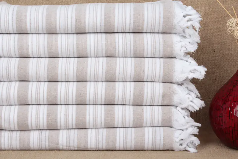 Turkish Beach Towel Beige Striped, Organic Cotton, 40x71 Inches