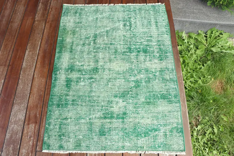 Alfombra Ikat verde hecha a mano, decoración elegante de 0,2x3,4 pies