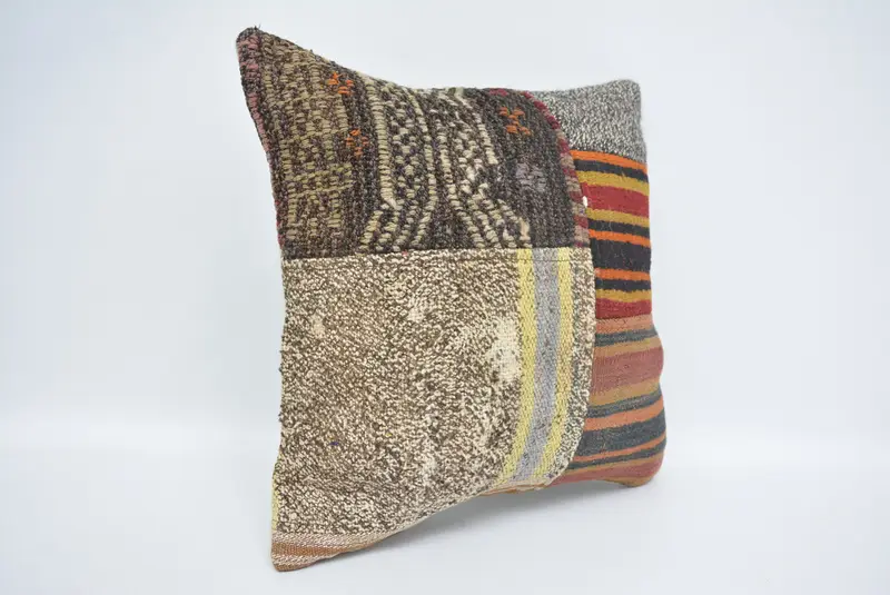 Cushion Cover, Turkish Corner Cushion Cover, Turkish Kilim Pillow, Vintage Kilim Pillow, Throw Kilim Pillow, 16x16 Brown Cushion - 3