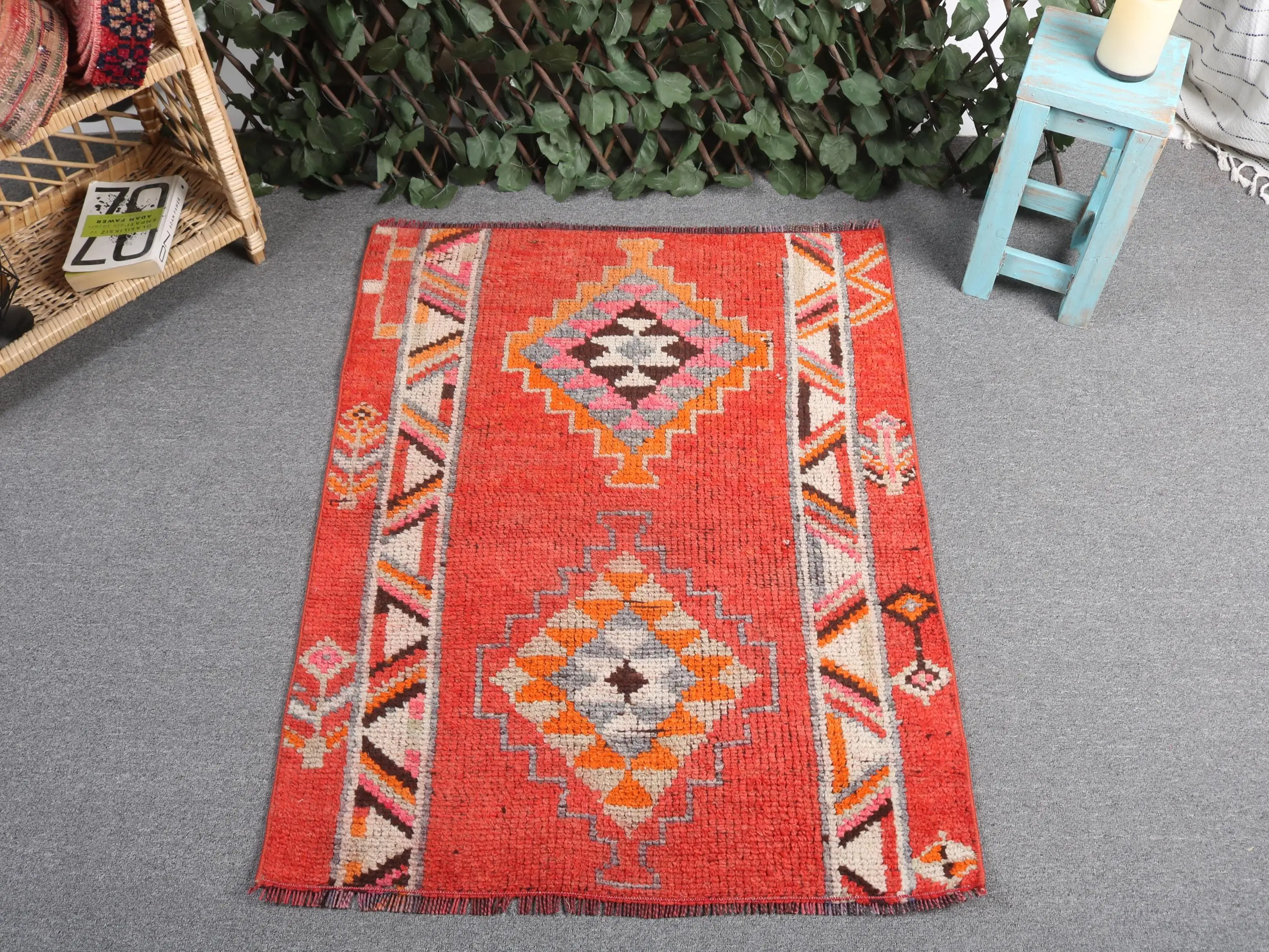 Turkish Vintage Rug 2.5x3.3 ft, Red Ikat Rug - 1