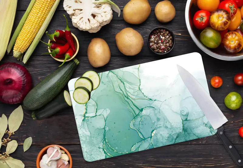 Modern Pattern Glass Cutting Board, Green Marble Design, Kitchen Essential