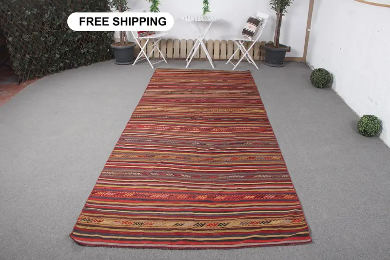 Elegant Red Oriental Rug, 4.6x11.2 ft with Green Accents