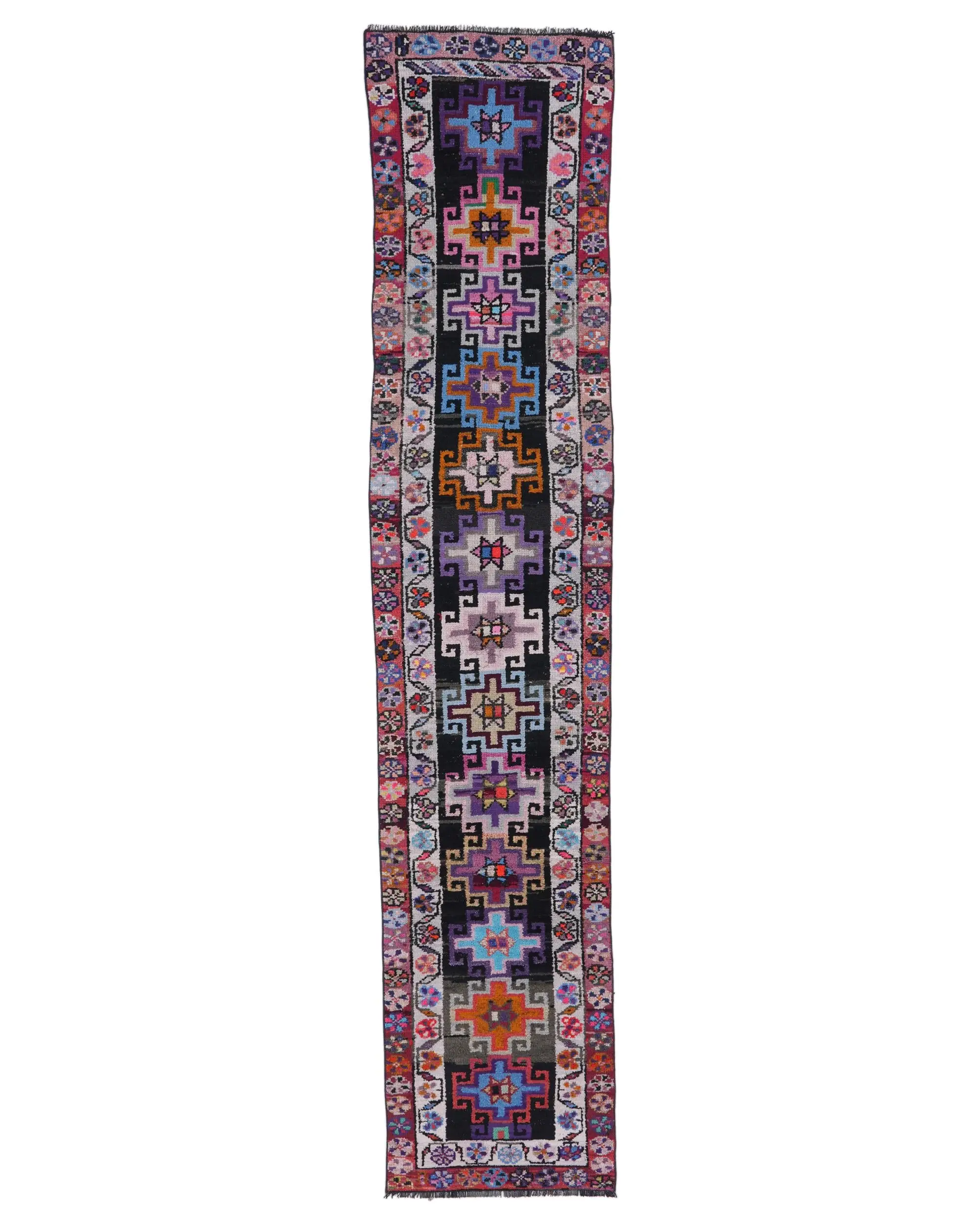 2.5x11.4 ft Vintage Rug, Turkish Runner Rug, Black Camouflage Wool Rug - 1