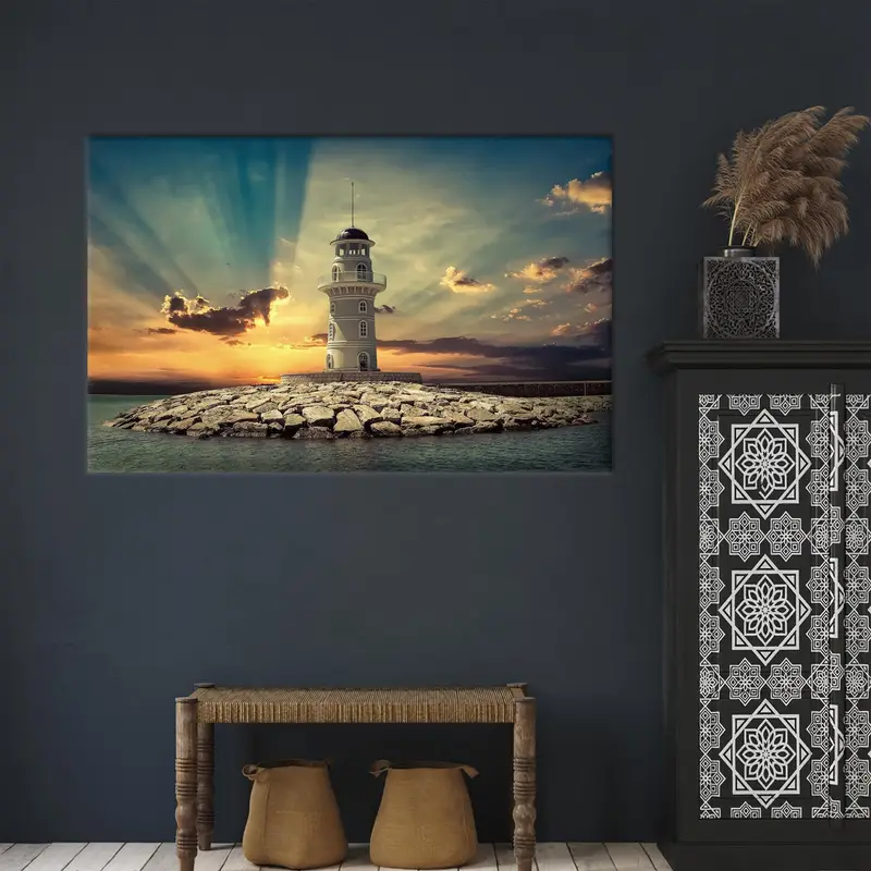 Deniz feneri duvar sanatı, kıyı tuval sanatı, gün batımı duvar dekor, okyanus sanat, deniz manzarası, duvar asılı sanat, tuval sanat dekor, modern sanat dekor - 1