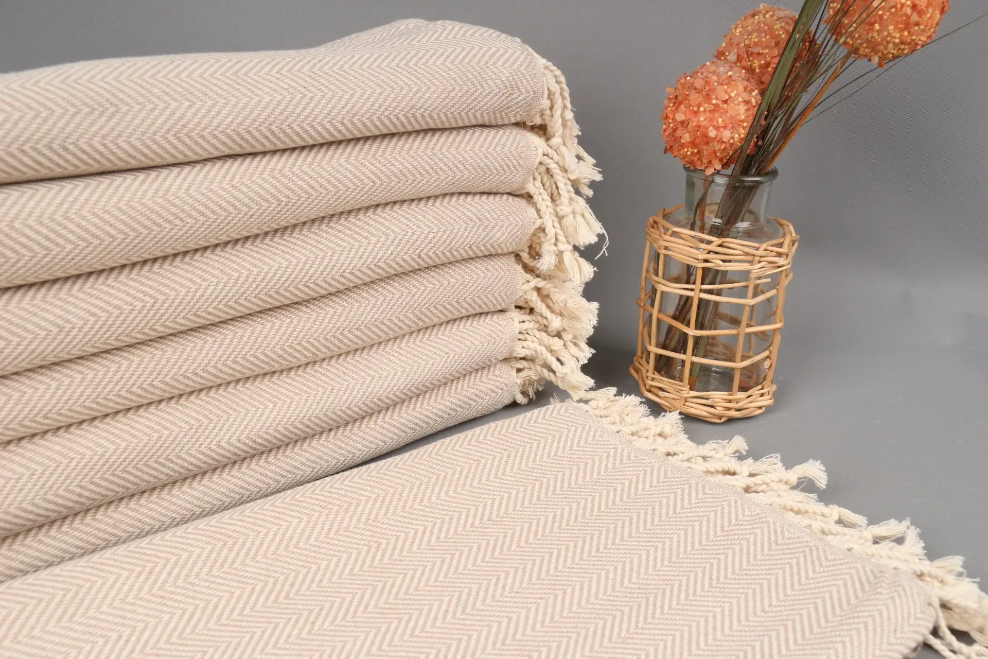 Turkish Bath Towel Monogrammed Light Beige Herringbone, 40x71 Inches - 1