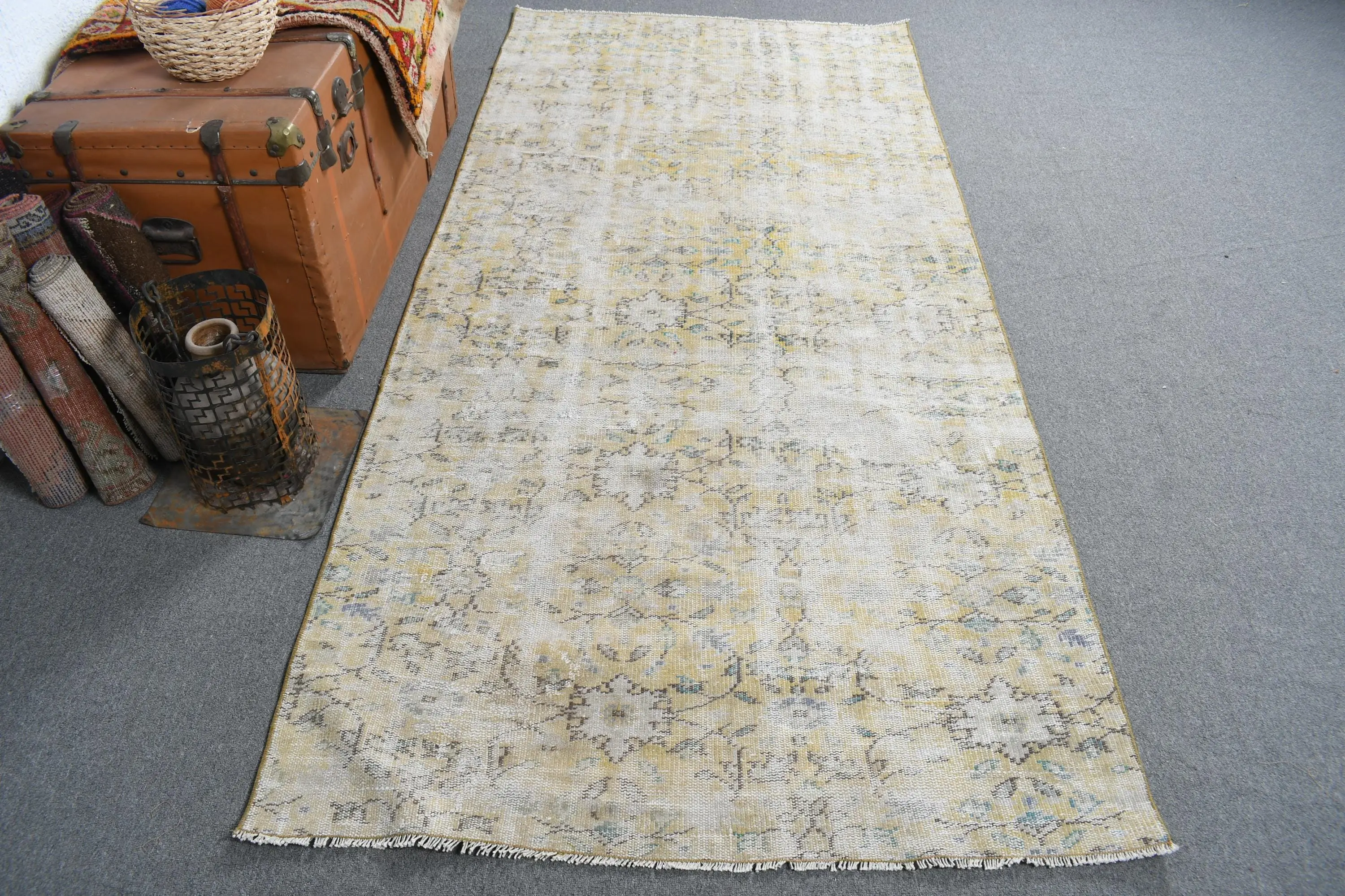 3,9x8,2 ft Teppich, Vintage Teppich, türkischer gelber Woll-Patchwork-Teppich - 1