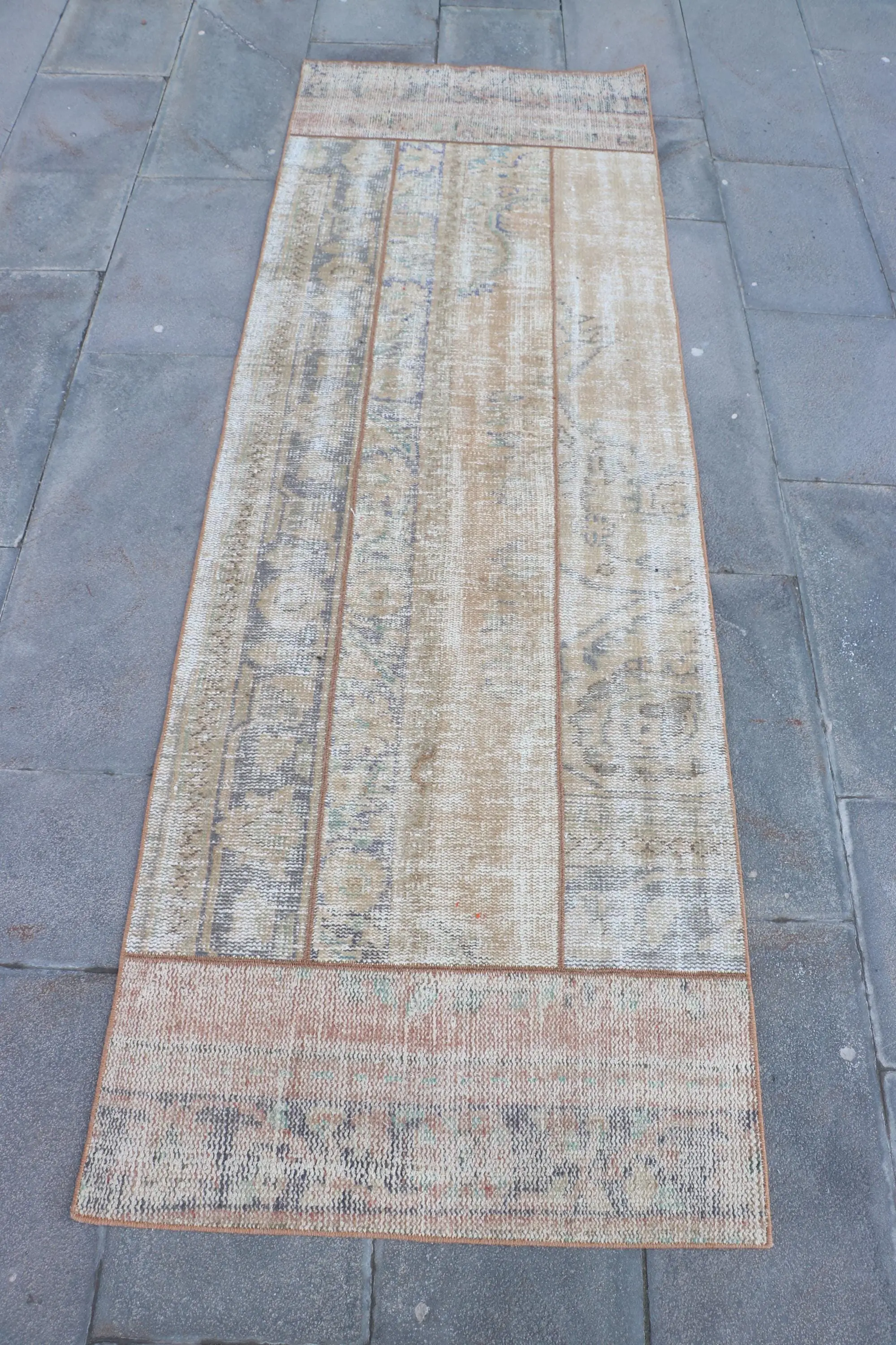 2.6x7.8 ft Runner Vintage Turkish Rug, Brown Check Wool Rug - 1