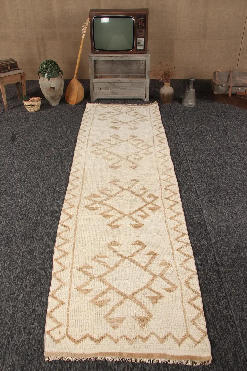 Alfombra turca de 3,1x10,8 pies, alfombra vintage corredor, alfombra de lana ombré marrón blanco - 1