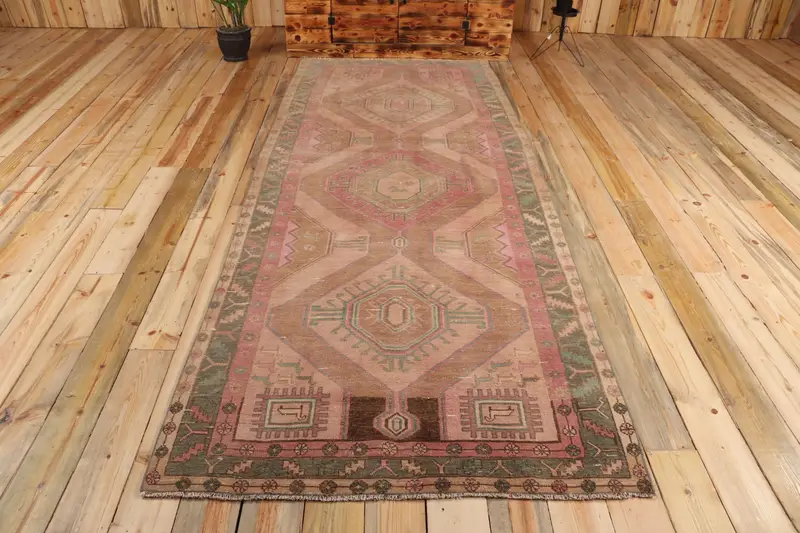 Alfombra turca, alfombra vintage corredor de 4x10,3 pies, alfombra de lana Ikat rosa marrón - 1
