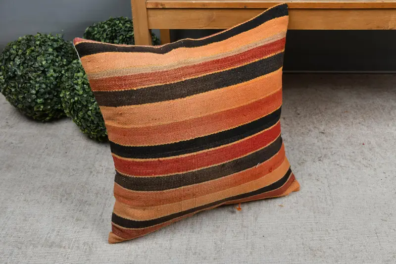 Boho Pillow, Cushion, Tribal Pillow Cover, Vintage Pillow, Handmade Kilim Cushion, 20x20 Orange Pillow, Pattern Throw Cushion, Aztec Cushion Cover - 7