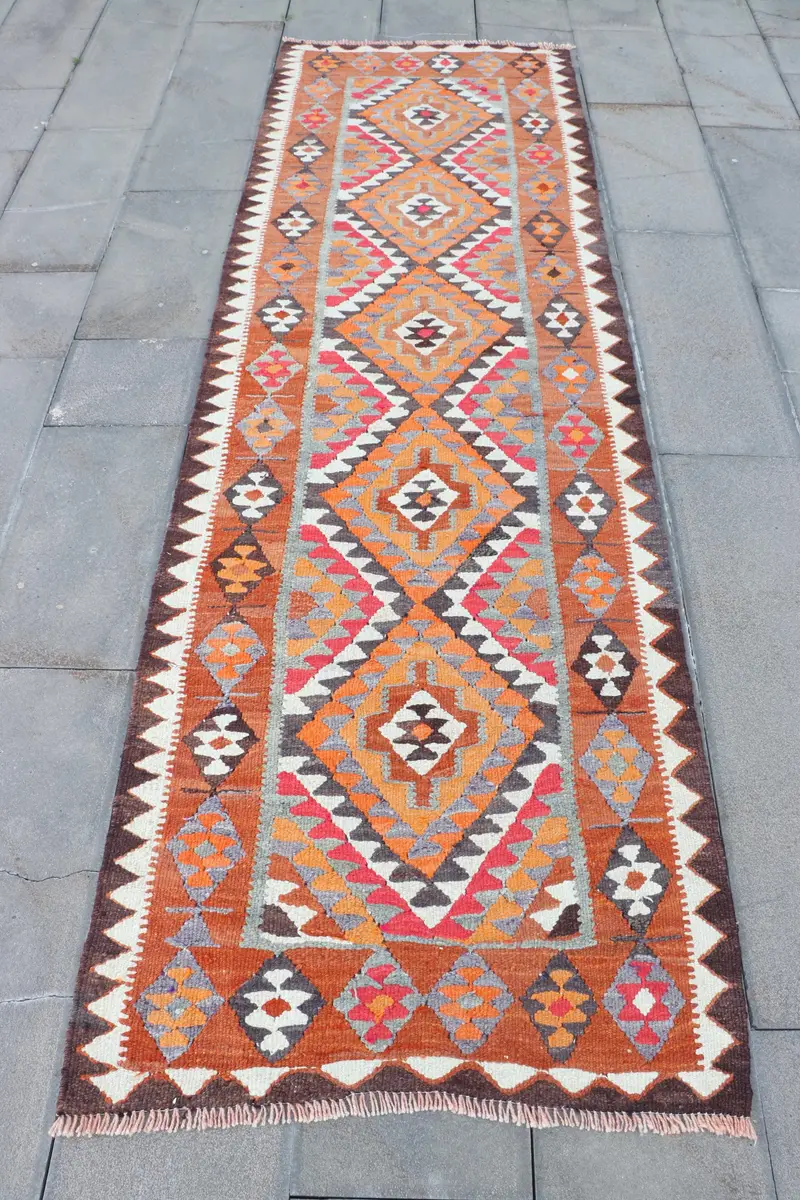 Brown & Orange Patchwork Rug, 3x9,4 ft Elegant Decor