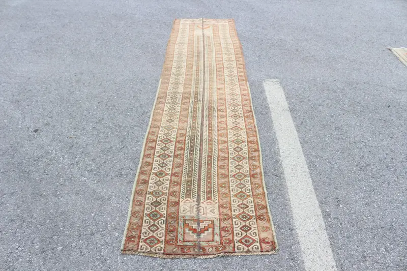Turkish Oushak Rug 2.3x10.5 ft, Brown Orange Floral Wool Vintage Rug - 1