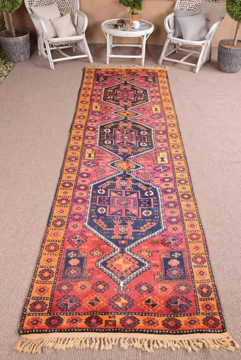 Türkischer Läuferteppich 3,4x11,5 Fuß, Vintage Oushak Roter Ikat-Wollteppich - 1