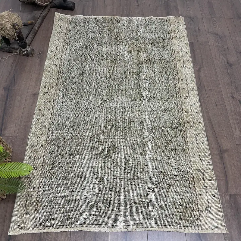 3.6x5.5 ft Rug, Turkish Vintage Rug, Gray Black Solid Wool Rug - 1