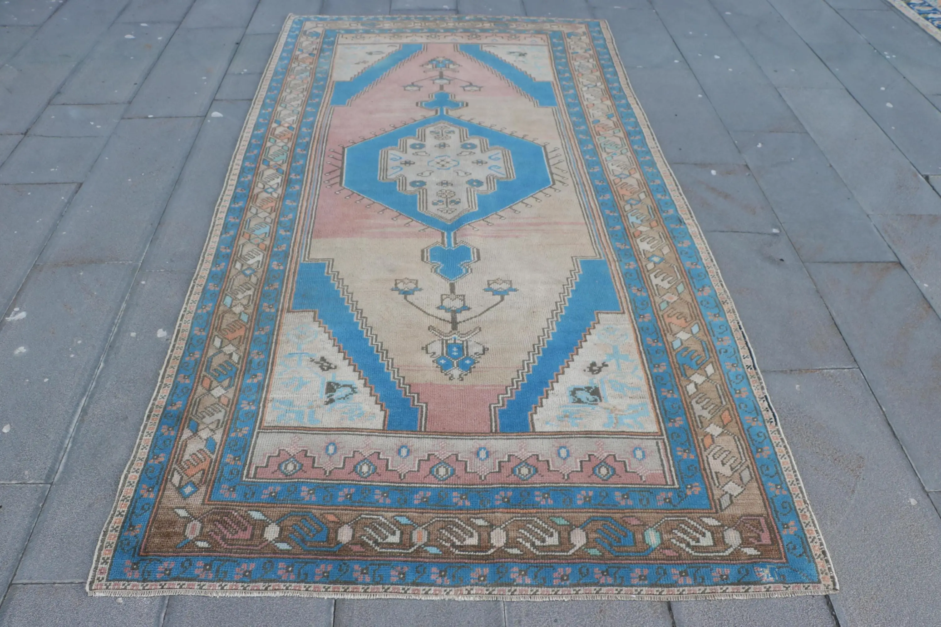 Türk Vintage Halı, 4.6x8.7 ft Halı, Mavi Büyük Çizgili Halı - 1