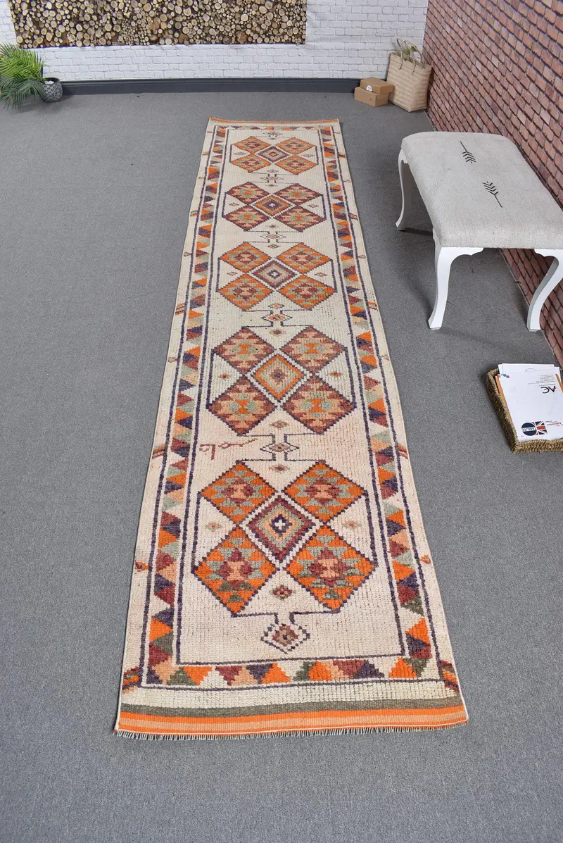 2.8x12.5 ft Rug, Vintage Turkish Rug, Orange Brown Ombré Wool Rug - 1