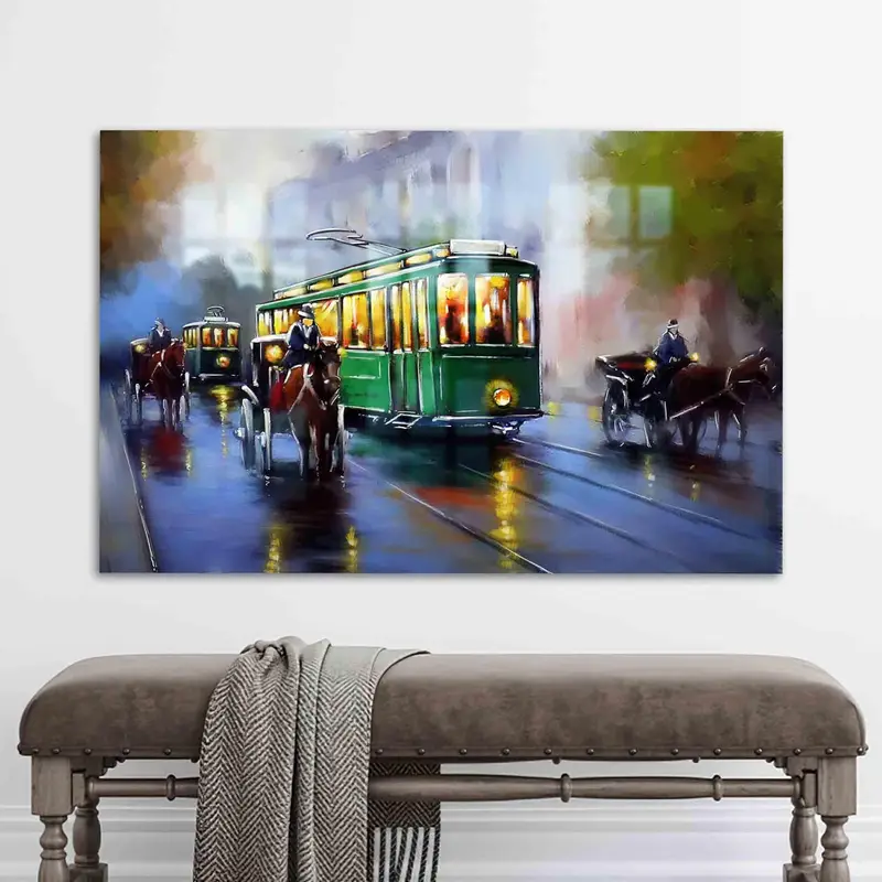 ヴィンテージ路面電車都市景観プリント ガラス - エレガントな都市デザイン