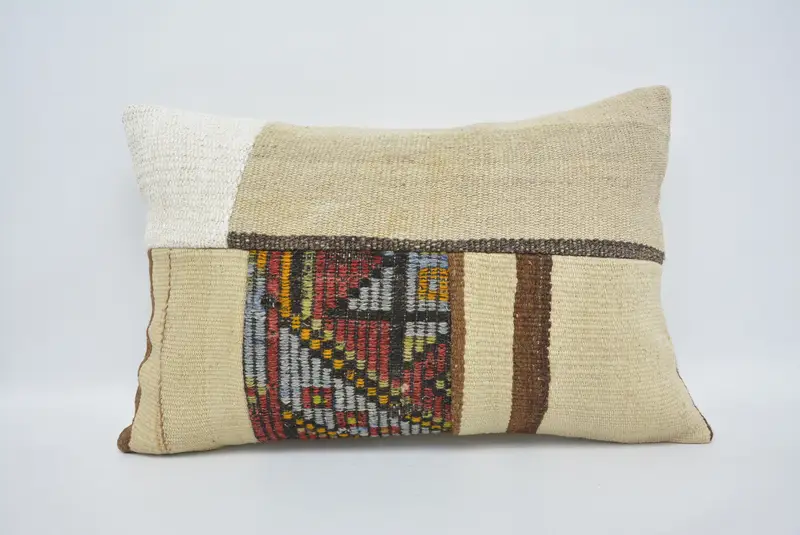 Cushion Cover, Turkish Pillow, Bright Pillow Case, 16x24 Beige Cushion Cover, Bench Pillow Sham, Vintage Kilim Throw Pillow, Throw Kilim Pillow - 1
