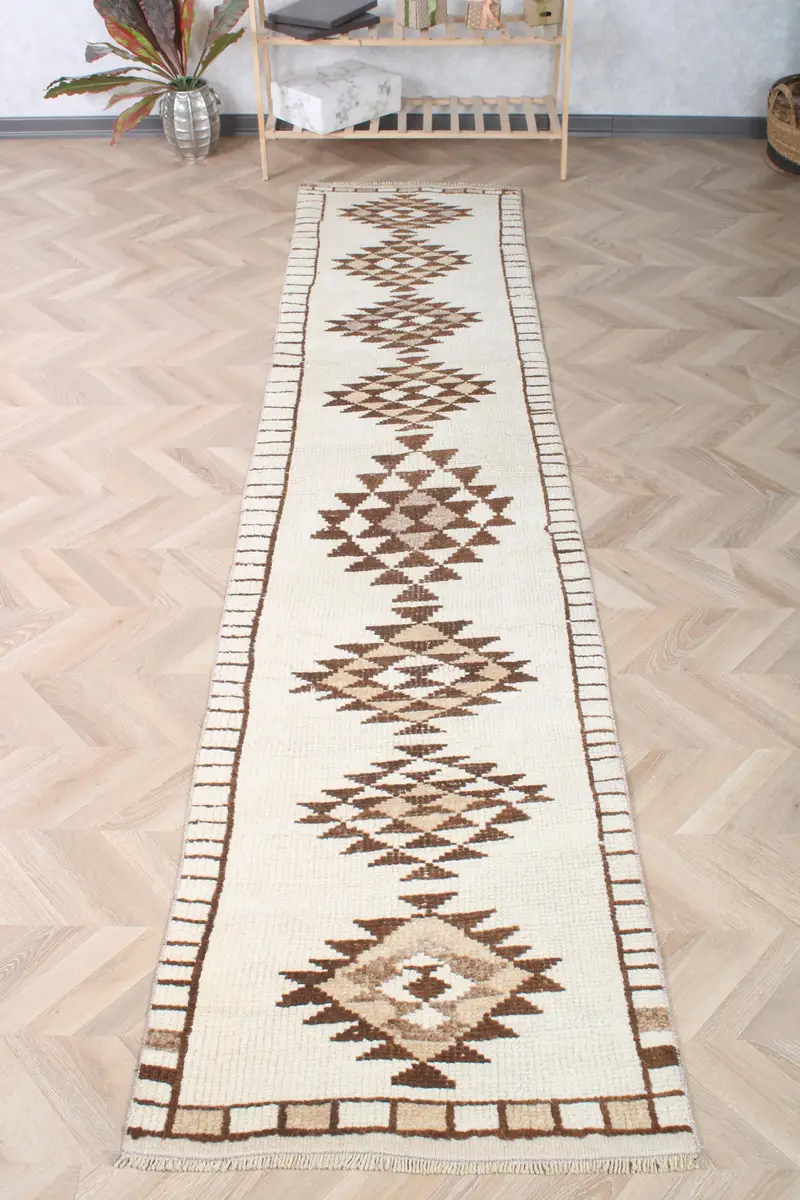 Türk Yolluk Halısı 2.5x10.5 ft, Kahverengi Beyaz Çizgili Yün Halı - 1
