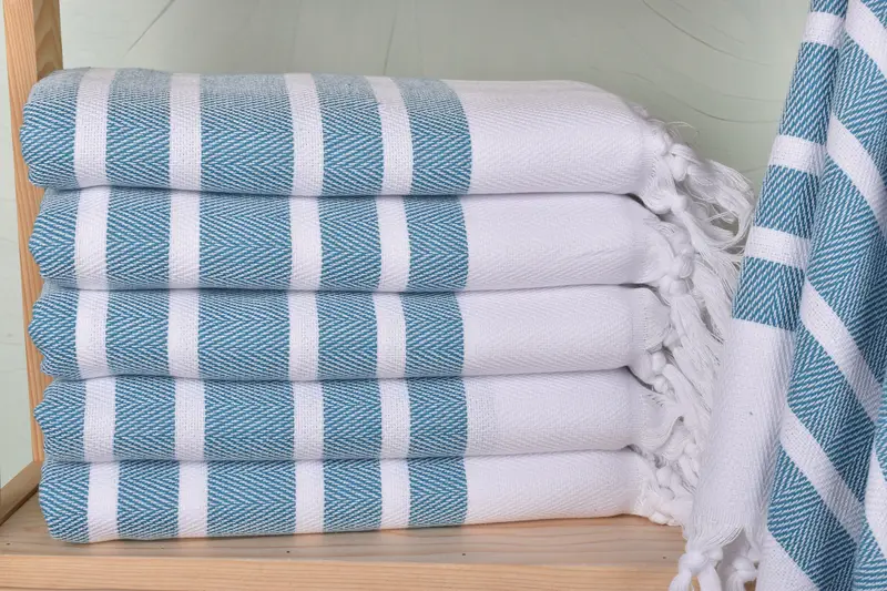 Custom Turkish Embroidered Beach Towel, Petrol Blue Chevron, 40x71 Inches