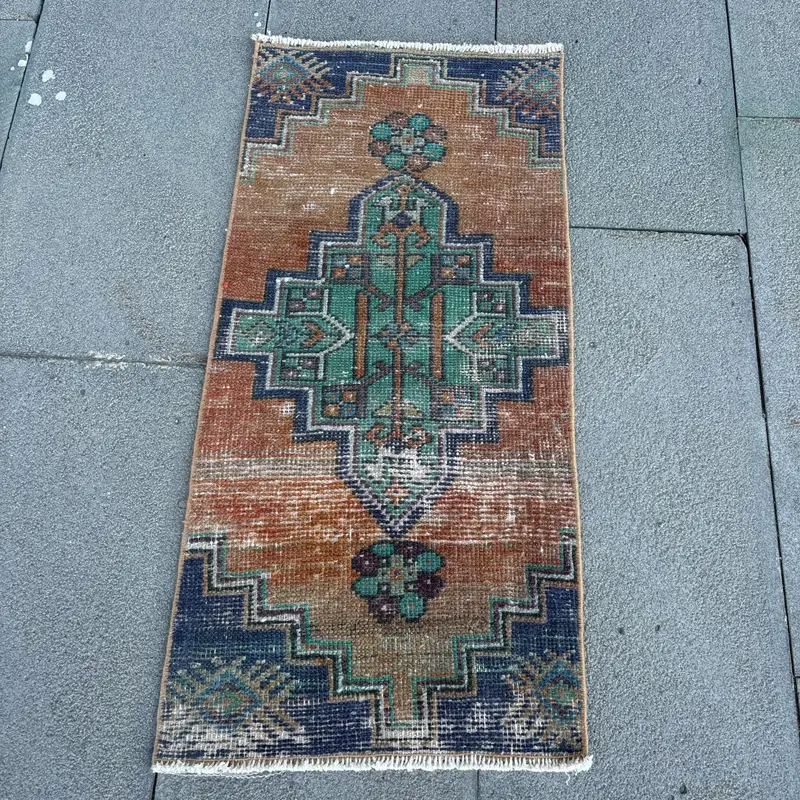 Canlı Turuncu ve Yeşil Halı, 1,3x2,8 ft Patchwork Tasarım