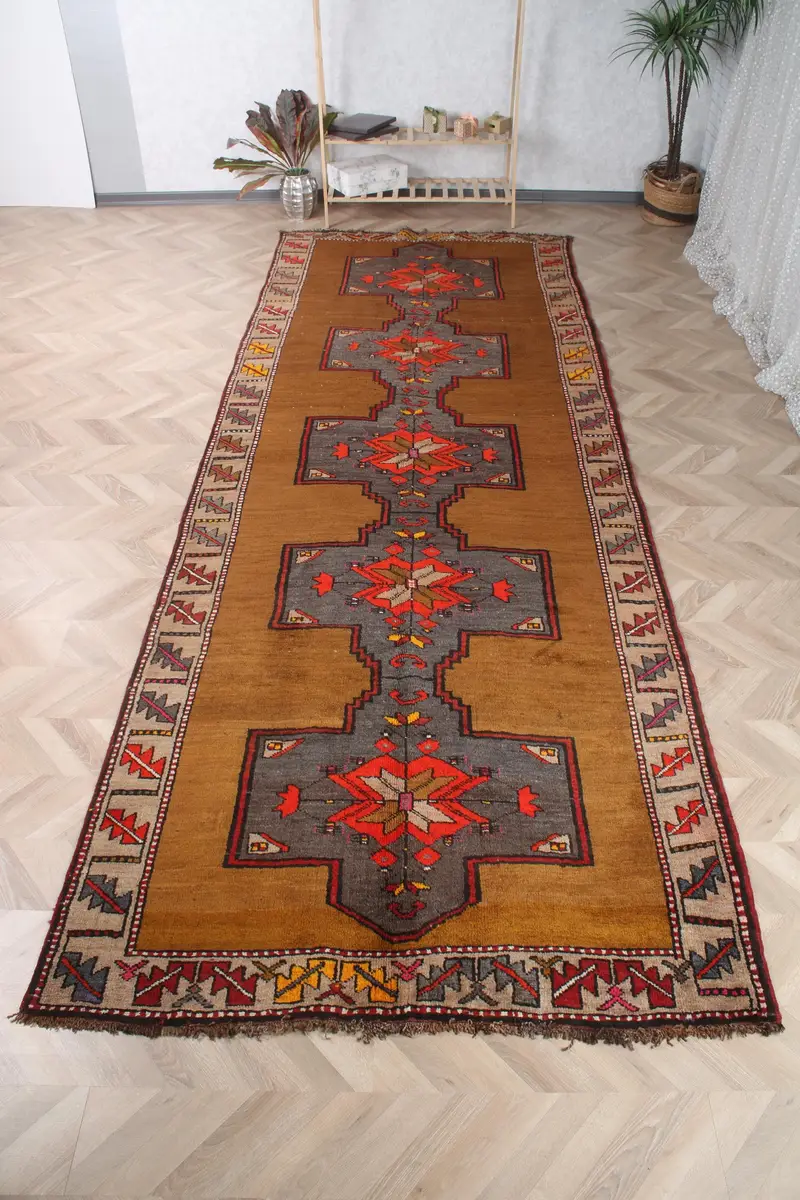 Vintage Oushak Halı 5.2x13.9 ft, Kahverengi Kırmızı Çiçek Yün Türk Halısı - 1