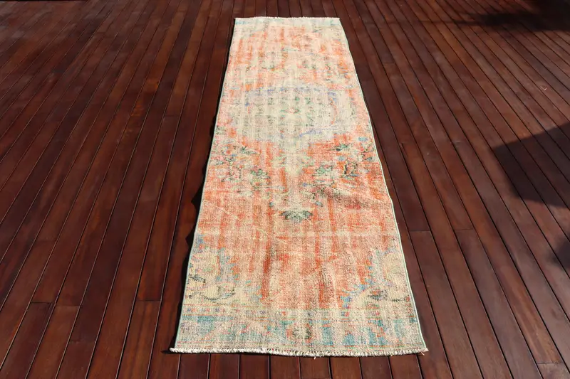 Turkish 2.7x9.3 ft Runner Rug, Vintage Rug, Oushak Orange Animal Print Rug - 1
