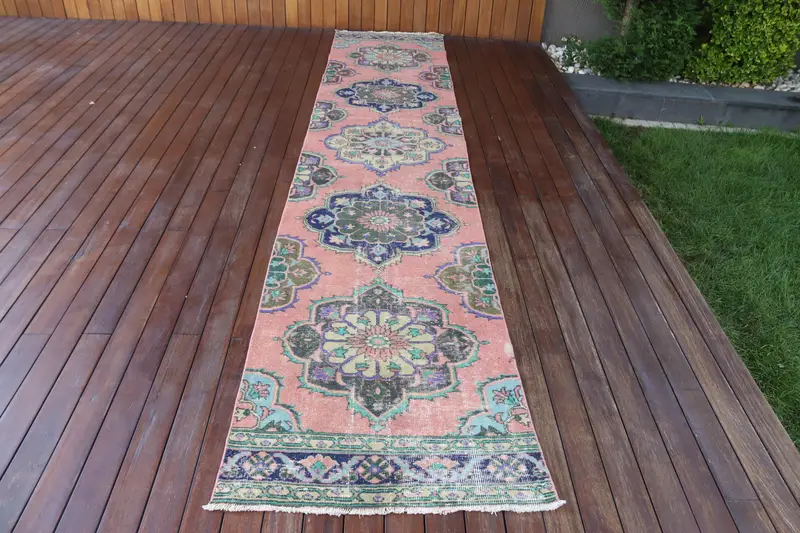 Turkish 2.6x12.8 ft Runner Rug, Vintage Rug, Oushak Pink Camouflage Rug - 1