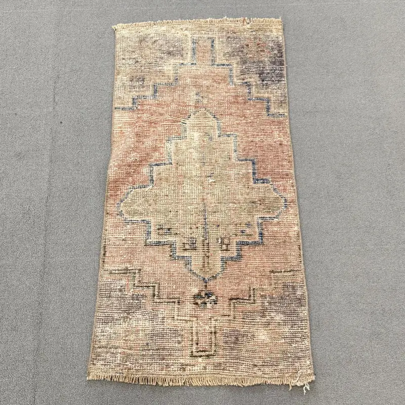 Vintage Turkish Small Rug 1.5x3 ft, Brown Blue Ikat Wool Rug - 1