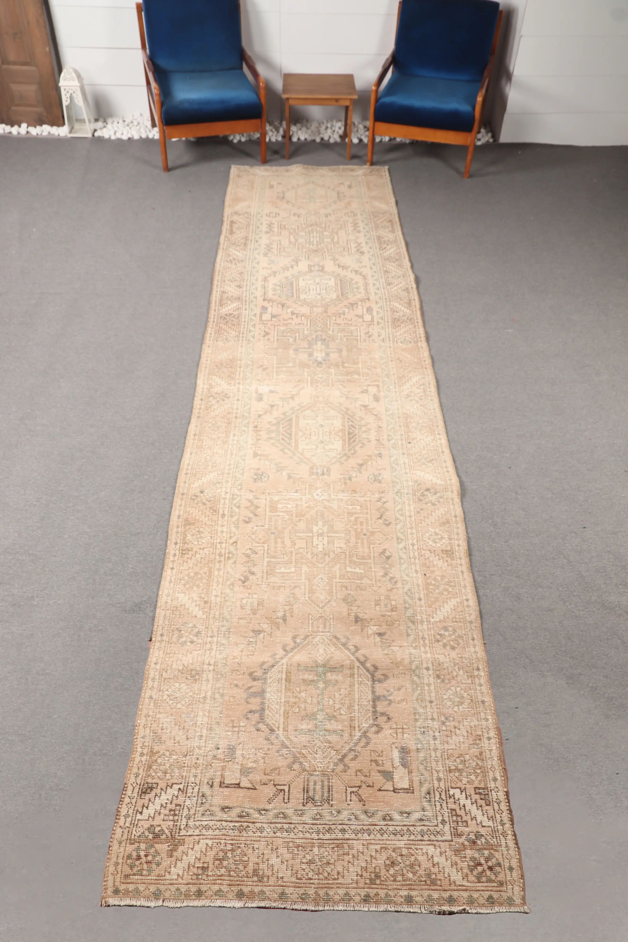 3.3x14 ft Turkish Rug, Vintage Small Rug, Beige Geometric Rug - 1
