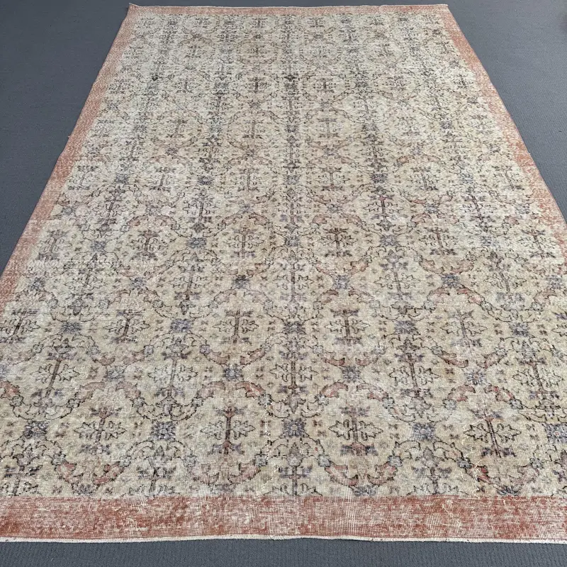 Elegant Beige Rug, 6x11.4 ft with Orange Accents