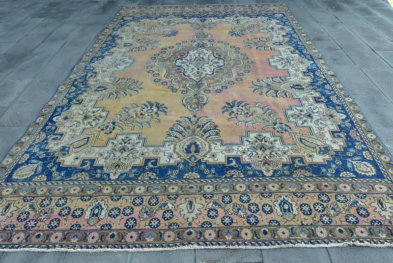 7,8x12,8 ft Teppich, Übergroßer Vintage Teppich, Blauer Oushak Teppich - 1