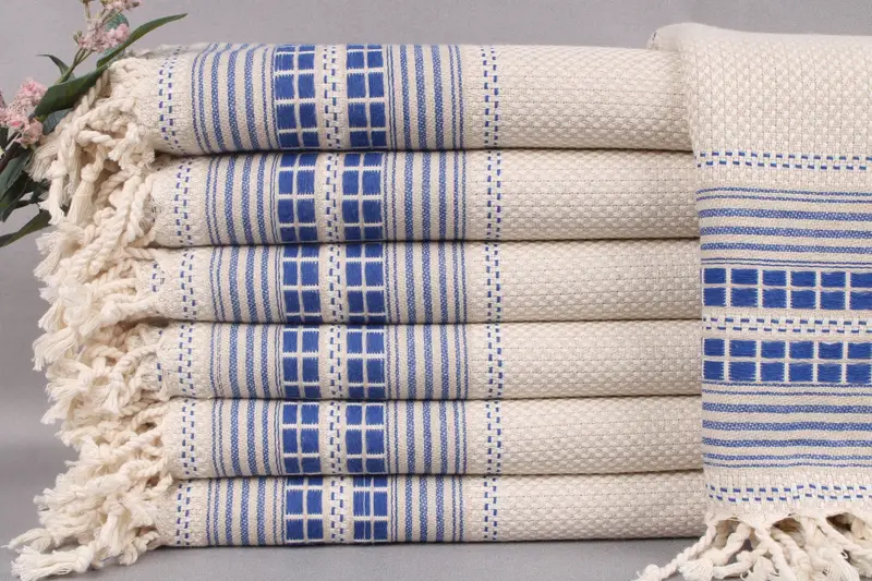 Embroidered Beach Towel Turkish Cotton Sax Blue Beige, 38x65 Inches