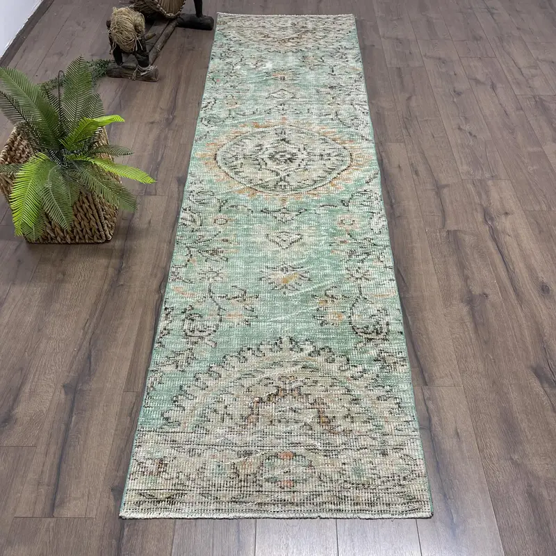 Turkish Runner Rug 2.5x9.2 ft, Green Abstract Vintage Wool Rug - 1