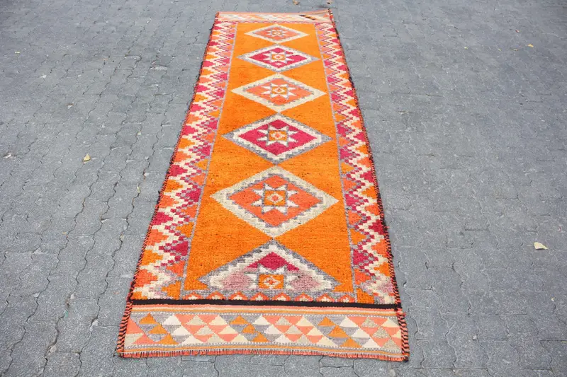Turkish Vintage Rug 3.1x10.1 ft, Orange Herki Plants & trees Rug - 1