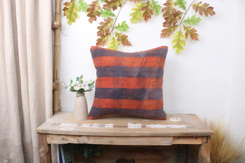 Ethnical Kilim Rug Pillow, Kilim Cushion Sham, Vintage Throw Pillow Sham, 16x16 Blue Cushion, Cushion Case, Vintage Kilim Throw Pillow - 1