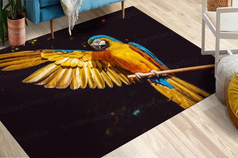 モダンなイエローオウムプリントラグ: エレガントな動物写真デザイン