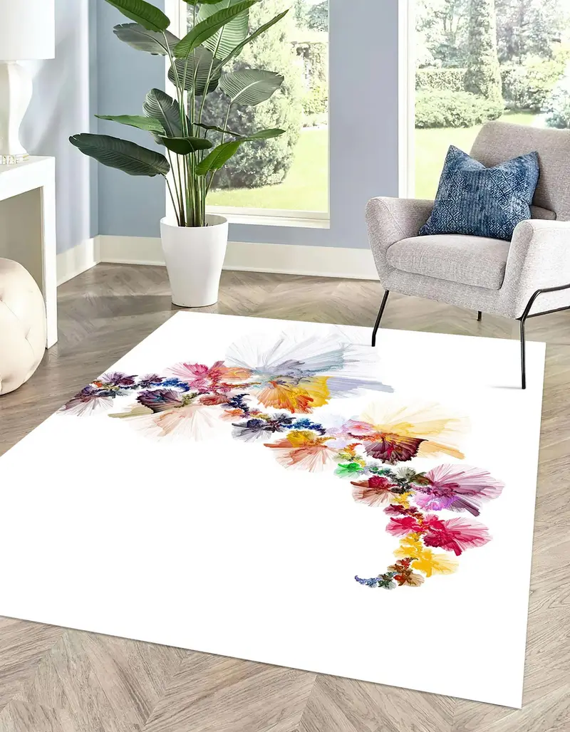 Elegant Floral Printed Rug: Botanical Flower Design in White